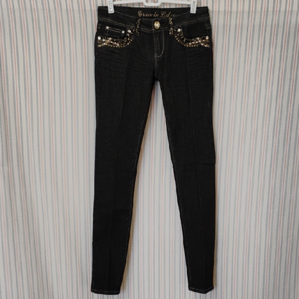 Grace In LA Black Jeans With Gold, Silver, And Jeweled Accents  Size 7/27